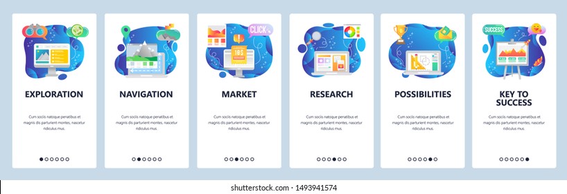 Mobile app onboarding screens. Business presentation, payment slip, navigation and exploration. Menu vector banner template for website and mobile development. Web site design flat illustration.