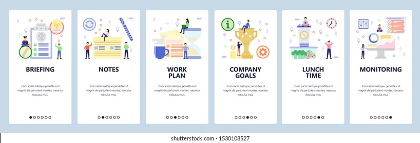 Mobile app onboarding screens. Business plan and briefing, lunch time, teamwork, winner trophy. Menu vector banner template for website and mobile development. Web site design flat illustration.