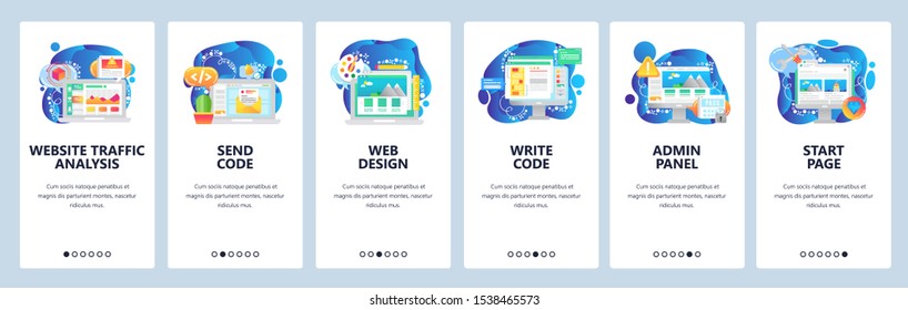 Mobile app onboarding screens. Business analytics, coding, admin panel, dashboard. Menu vector banner template for website and mobile development. Web site design flat illustration.