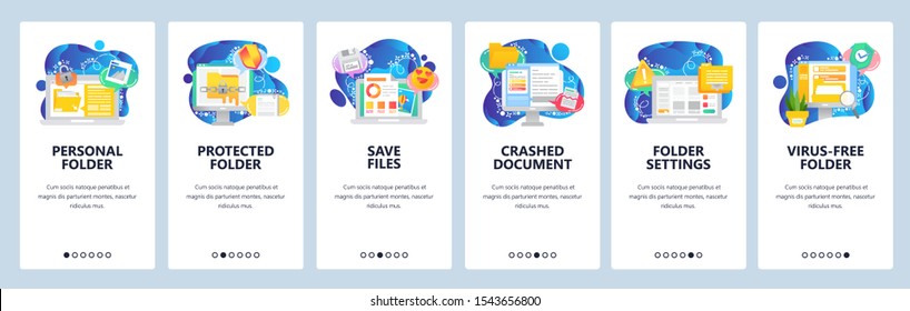 Mobile app onboarding screens. Business computer icons, secure file access, corrupted document, virus search. Menu vector banner template for website and mobile development. Web site design flat