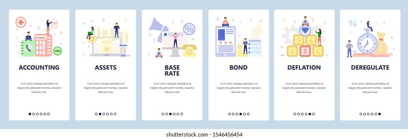 Mobile app onboarding screens. Business, money investment, accounting, assets, bonds, currency exchange. Vector banner template for website and mobile development. Web site design flat illustration.