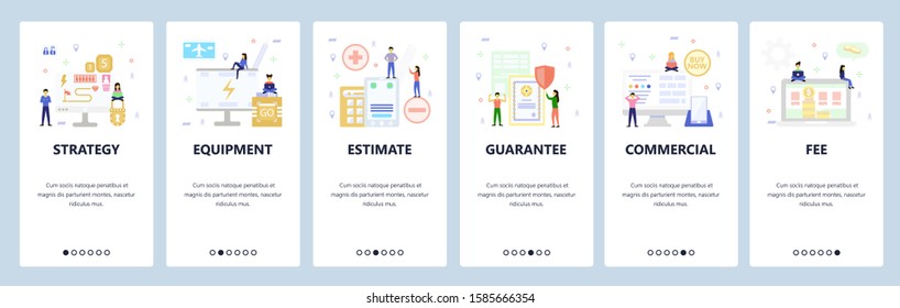 Mobile app onboarding screens. Business strategy, computer equipment, online commercial, fee. Menu vector banner template for website and mobile development. Web site design flat illustration.