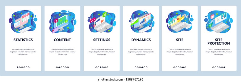 Mobile app onboarding screens. Business analytics and finance charts, video content, laptop, statistics. Menu vector banner template for website and mobile development. Web site design flat