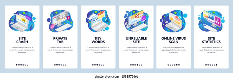 Mobile app onboarding screens. Business charts, isometric computer icons, private browsing, virus scan. Menu vector banner template for website and mobile development. Web site design flat