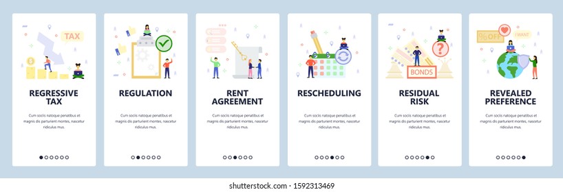 Mobile app onboarding screens. Business icons, finance and money investment, calendar, rent agreement. Menu vector banner template for website and mobile development. Web site design flat illustration