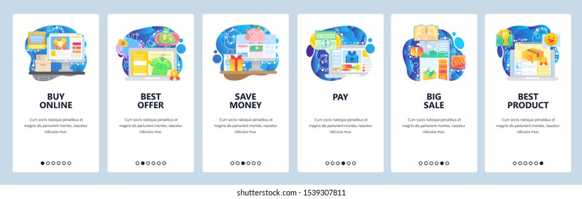 Mobile app onboarding screens. Buy products online, internet store sale, payment, savings. Menu vector banner template for website and mobile development. Web site design flat illustration.