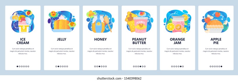 Mobile app onboarding screens. Cafe dessert menu, bakery sweet food, ice cream, jam, apple pie, honey. Menu vector banner template for website and mobile development. Web site design flat illustration