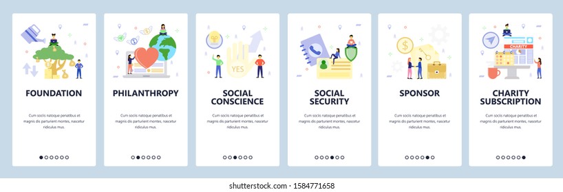 Mobile app onboarding screens. Charity foundation, money tree, business deal, social security. Menu vector banner template for website and mobile development. Web site design flat illustration.