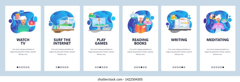 Mobile app onboarding screens. Cinema, reading books, play games, zen meditation. Menu vector banner template for website and mobile development. Web site design flat illustration.