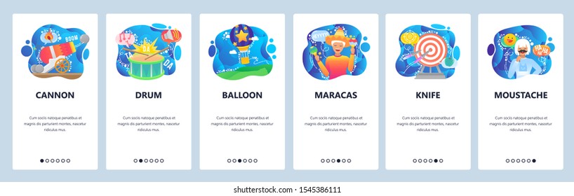 Mobile app onboarding screens. Circus show performance and stunt, maracas, cannon, moustache, balloon. Menu vector banner template for website and mobile development. Web site design flat illustration