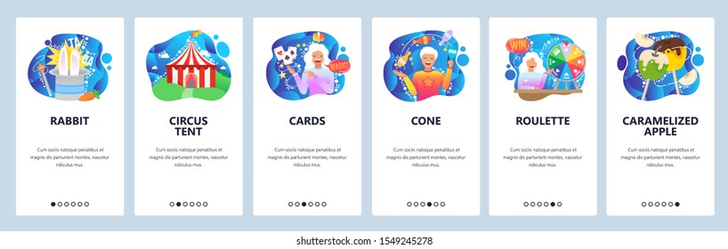 Mobile app onboarding screens. Circus and amusement park artists, rabbit trick, cards focus, magic roulette. Menu vector banner template for website and mobile development. Web site design flat