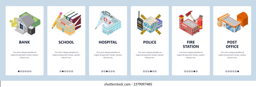 Mobile app onboarding screens. City buildings, bank, police, hospital, school, fire station. Menu vector banner template for website and mobile development. Web site design flat illustration.