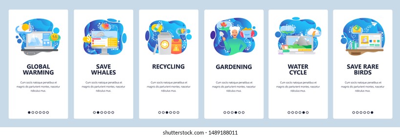 Mobile app onboarding screens. Climate change, global warming, recycling waste and save animals. Menu vector banner template for website and mobile development. Web site design flat illustration.