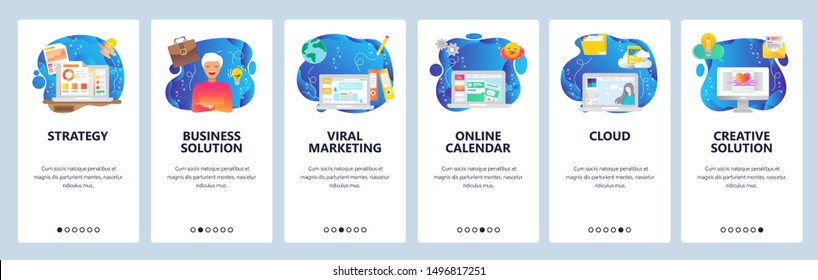 Mobile app onboarding screens. Cloud storage, viral marketing, business strategy, financial charts. Menu vector banner template for website and mobile development. Web site design flat illustration.