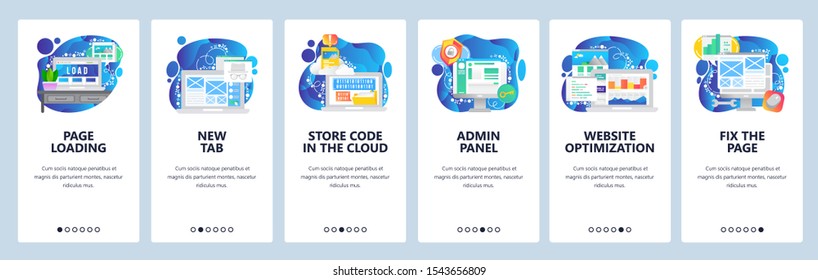 Mobile app onboarding screens. Cloud storage service, page loading, web development and optimization. Menu vector banner template for website and mobile development. Site design flat illustration.