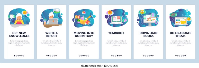 Mobile App Onboarding Screens. College And School Education Icons, Yearbook, Online Library, Thesis. Menu Vector Banner Template For Website And Mobile Development. Web Site Design Flat Illustration.