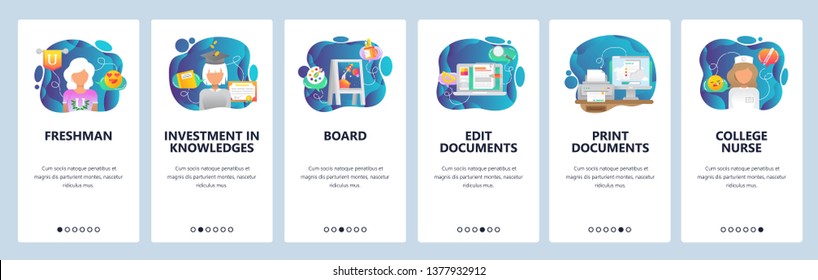 Mobile app onboarding screens. College freshman student, print docuement, clinic doctor. Menu vector banner template for website and mobile development. Web site design flat illustration.