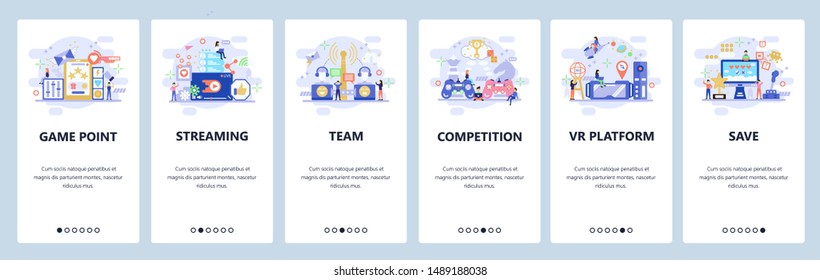 Mobile app onboarding screens. Compute games, cyber sport, VR games, tournament streaming. Menu vector banner template for website and mobile development. Web site design flat illustration.