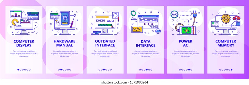 Mobile app onboarding screens. Computer services and hardware, power plug, charging. Menu vector banner template for website and mobile development. Web site design flat illustration.