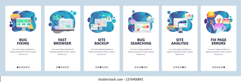 Mobile App Onboarding Screens. Computer Bug Fixing And Testing, Website Analysis, Backup. Menu Vector Banner Template For Website And Mobile Development. Web Site Design Flat Illustration.