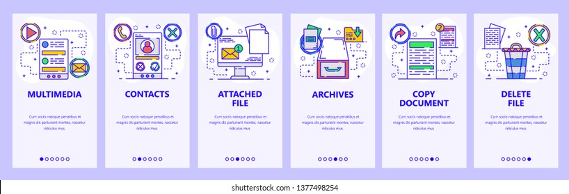 Onboarding-Bildschirme für mobile Apps. Computer-Services, Medien, E-Mail, Archive, Kopieren und Löschen von Dateien. Menü Vektor Banner Vorlage für Website und mobile Entwicklung. Website-Design, flache Abbildung.