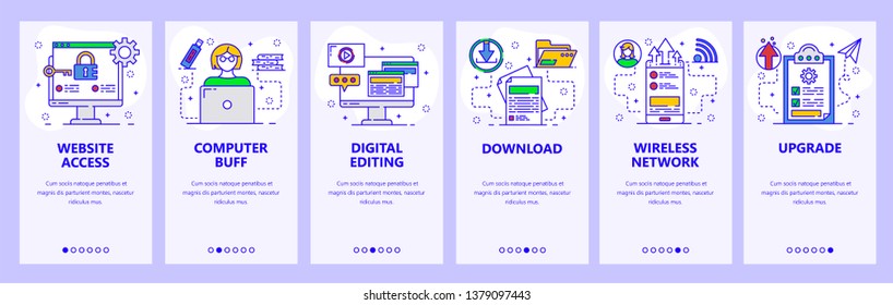 Mobile app onboarding screens. Computer services, secure access, download and upload files, wireless network. Menu vector banner template for website and mobile development. Web site flat illustration