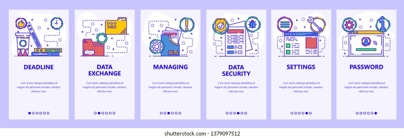 Mobile app onboarding screens. Computer services, secure access, data exchange and security. Menu vector banner template for website and mobile development. Web site design flat illustration.