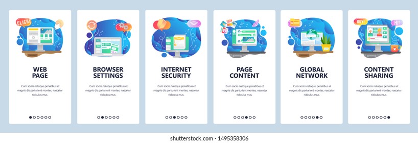 Mobile app onboarding screens. Computer technologies, internet security, content sharing. Menu vector banner template for website and mobile development. Web site design flat illustration.