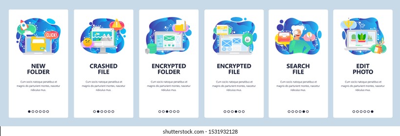 Mobile app onboarding screens. Computer security technology, encrypted files and data, search files, corrupted. Menu vector banner template for website and mobile development. Web site design flat