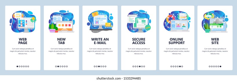 Mobile app onboarding screens. Computer technology and business, secure access, send email, support online chat. Menu vector banner template for website and mobile development. Web site design flat