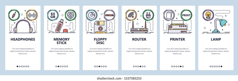 Mobile app onboarding screens. Computer hardware and electronics, wireless router, headphones, flash memory. Menu vector banner template for website and mobile development. Web site design flat