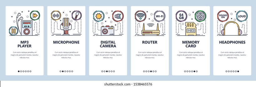 Mobile app onboarding screens. Computer devices and gadgets, new technology hardware. Menu vector banner template for website and mobile development. Web site design flat illustration.