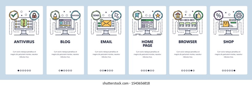Mobile app onboarding screens. Computer technology services, antivirus, email, blog, browser. Menu vector banner template for website and mobile development. Web site design flat illustration.