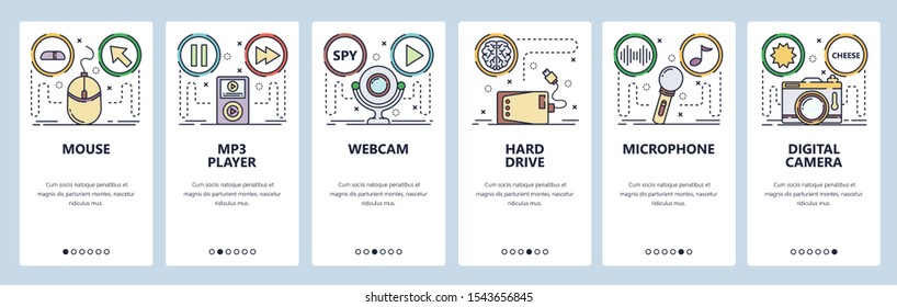 Mobile app onboarding screens. Computer hardware and home electronics, music player, digital camera, microphone. Menu vector banner template for website and mobile development. Web site design flat