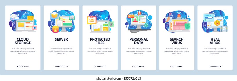 Mobile app onboarding screens. Computer technology, cloud storage, personal data, pricavy and security, virus. Vector banner template for website and mobile development. Web site design illustration.