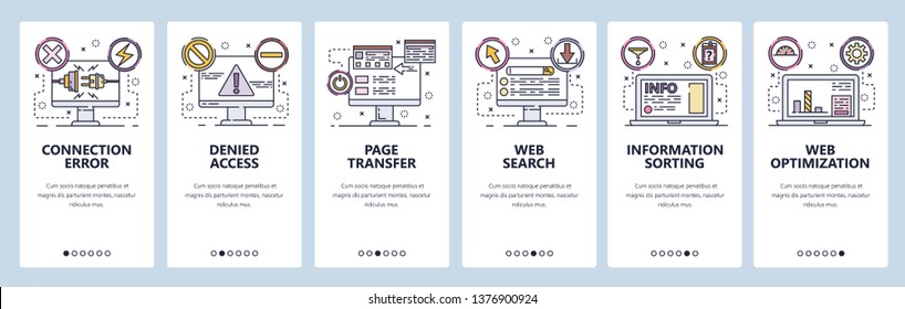 Mobile app onboarding screens. Connection error, access denied, SEO optimization and web development. Menu vector banner template for website and mobile development. Web site design flat illustration.
