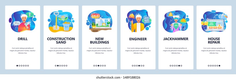 Mobile app onboarding screens. Construction workers and hardware tools. Menu vector banner template for website and mobile development. Web site design flat illustration.