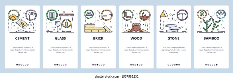 Mobile app onboarding screens. Construction building materials, cement, bricks, wood, stone. Menu vector banner template for website and mobile development. Web site design flat illustration.