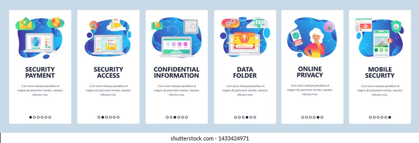 Mobile app onboarding screens. Mobile content feed, sales countdown, secure access, email, online shopping. Vector banner template for website and mobile development. Web site design flat illustration