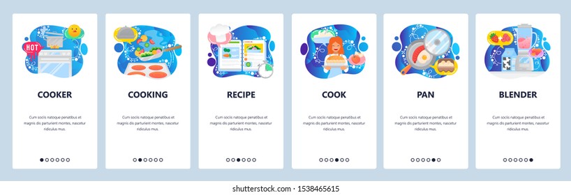 Mobile app onboarding screens. Cooking stove, meal recipe, breakfast food, blender. Menu vector banner template for website and mobile development. Web site design flat illustration.