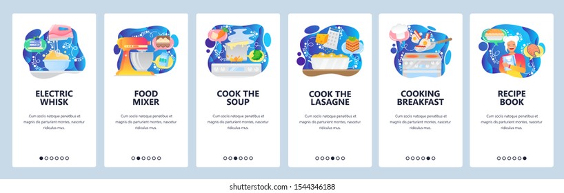 Mobile app onboarding screens. Cooking breakfast meal, food mixer, stove, recipe book, cook soup. Menu vector banner template for website and mobile development. Web site design flat illustration.