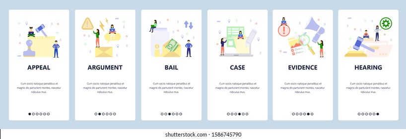 Mobile app onboarding screens. Court appeal, money bail, legal case, evidence, hearing, lawyer. Menu vector banner template for website and mobile development. Web site design flat illustration.