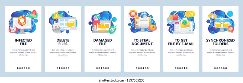 Mobile app onboarding screens. Cyber security technology, sync computer files, business documents, delete, email. Menu vector banner template for website and mobile development. Web site design flat