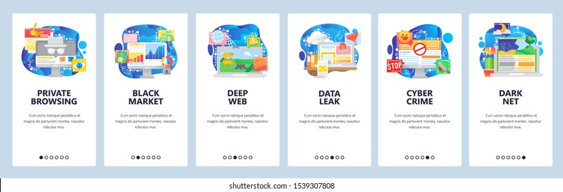 Mobile app onboarding screens. Cyber security, private browsing, data leak, deep web and darknet, black market. Vector banner template for website and mobile development. Site design flat illustration