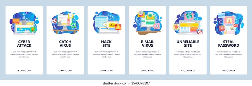 Mobile app onboarding screens. Cyber security, virus attack, hacker, password protection, phone lock, email malware. Menu vector banner template for website and mobile development. Web site design