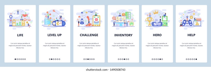 Mobile app onboarding screens. Cybersport, computer games, VR console, game controller. Menu vector banner template for website and mobile development. Web site design flat illustration.