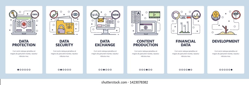 Mobile app onboarding screens. Data protection and cyber security, financial data, business development. Menu vector banner template for website and mobile development. Web site design flat