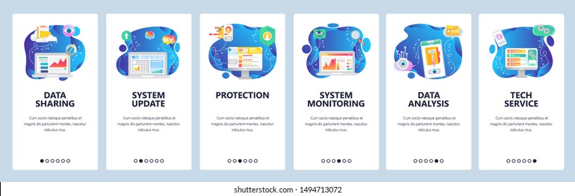 Mobile app onboarding screens. Data security storage and sharing, system monitoring, data analysis. Menu vector banner template for website and mobile development. Web site design flat illustration.