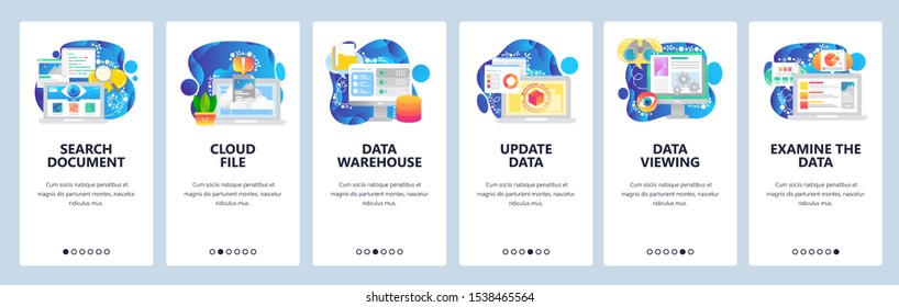 Mobile app onboarding screens. Data science technology, cloud storage, update, search. Menu vector banner template for website and mobile development. Web site design flat illustration.