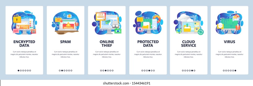 Mobile app onboarding screens. Data protection, secure access, spam and malware, hacker, virus, cloud storage. Menu vector banner template for website and mobile development. Web site design flat
